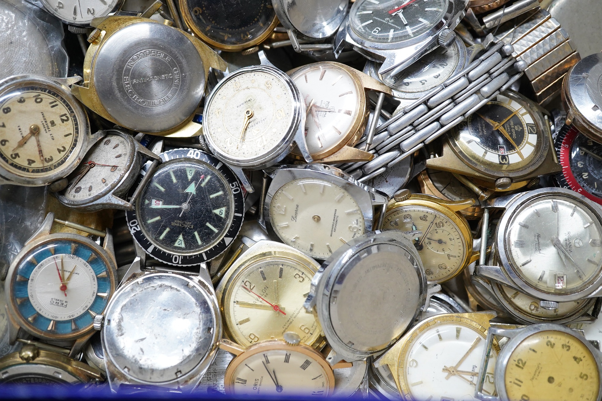 A large collection of assorted mainly gentleman's wrist and pocket watches, including Smiths, Oris and Ingersoll. Condition - poor to fair